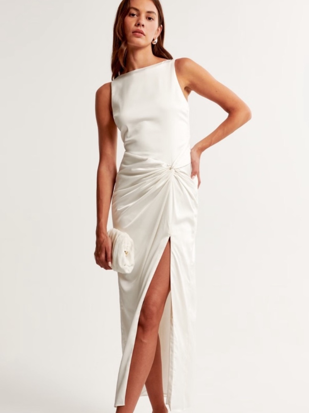 Abercrombie & Fitch Twist Front Knot Draped Skirt Satin Maxi Dress White
